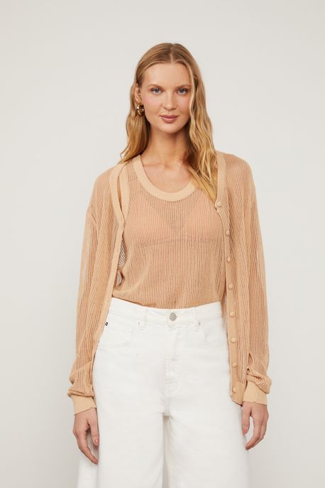 Cardigan Manga Longa Telado Bege Gengibre - P