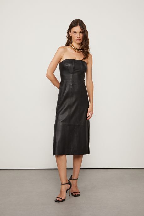 Vestido De Couro Midi Preto Sem Alça Preto - 40