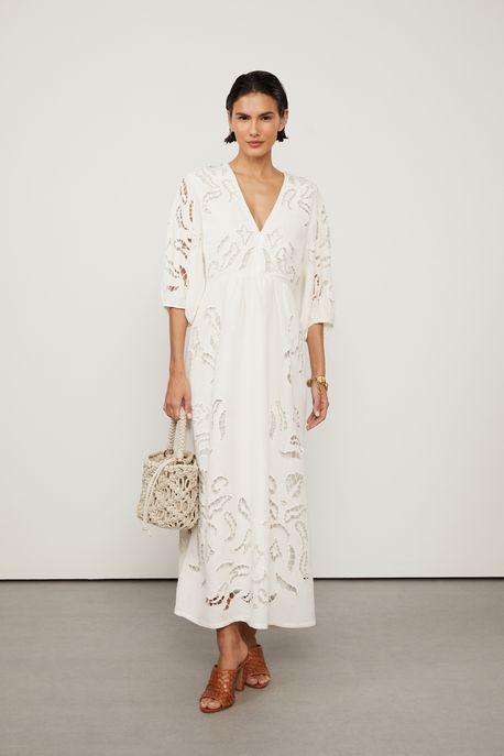 Vestido De Linho Midi Off White De Richelieu Off White - 36