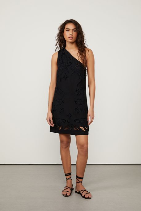 Vestido De Linho Curto Preto De Richelieu Preto - 38