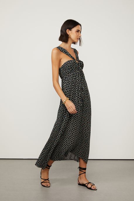 Vestido De Georgette Com Túneis No Decote Estampado Est Pois Tri Preto e Exotique - 40