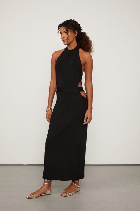 Vestido Midi De Tricot Sem Mangas Com Re Preto - M