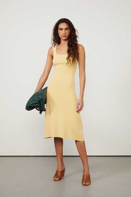 Vestido De Tricot Amarelo Com Decote Quadrado Amarelo Papiro - M