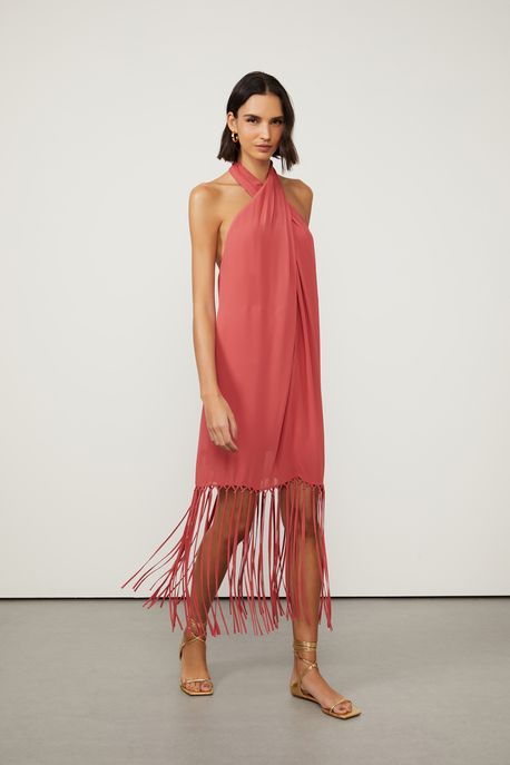 Vestido De Georgette Midi Vermelho Frente Única Franjas Vermelho Argila - 44