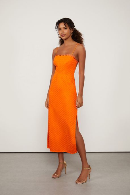 Vestido De Algodão Midi Rosetas Laranja Laranja Vibrante - 34