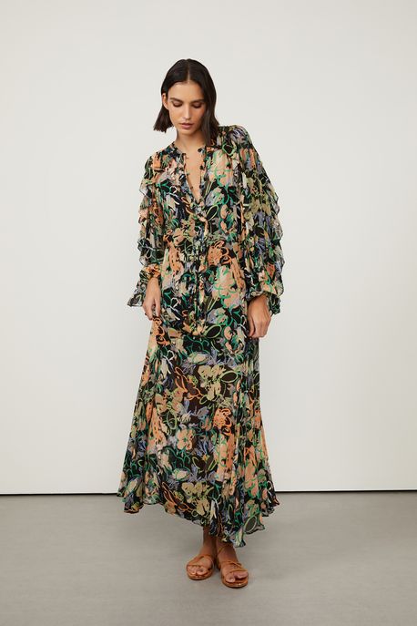 Vestido De Georgette Leve Longo Nesgas Estampado Manga Longa Est Floral Pastel Preto e Leve - 36