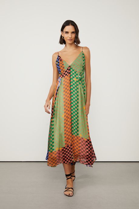 Vestido De Georgette Leve Midi Fluido Estampado Babados Est Xadrez Daisy Recorte Colorido - 42