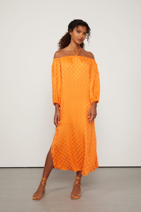 Vestido Jacquard Midi Laranja Ombro a Ombro Laranja Vibrante - 38