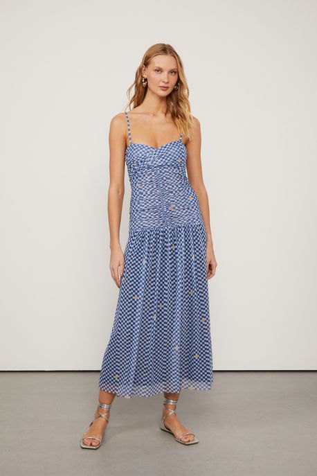 Vestido De Tule Midi Estampado Com Detalhe Franzido Est Xadrez Daisy Kirli e Cannes - G