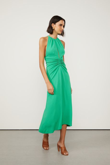 Vestido De Malha Crepe Midi Verde Com Cut e Franzido Verde Folha - G