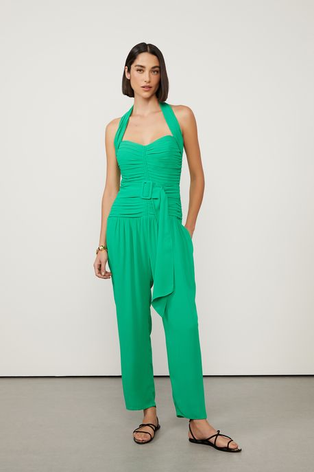 Macacão De Georgette Franzido Verde Faixa Com Fivela Verde Folha - 36