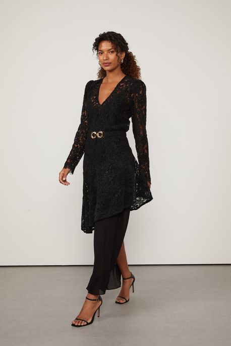 Vestido De Renda Longo Manga Longa Preto Decote v Com Cinto Preto - 40