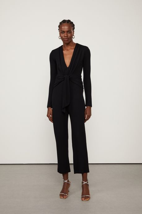 Macacão De Malha Crepe Longo Preto Com Decote Torcido Preto - G