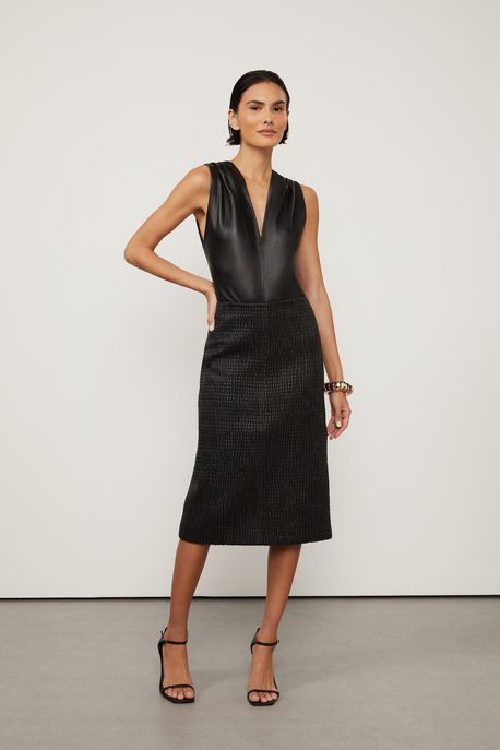 Saia De Couro Midi Lastex Cintura Alta Preto - 38