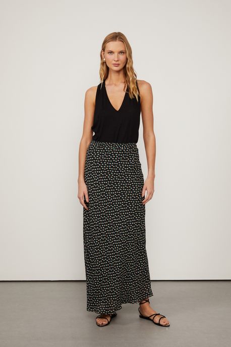 Saia De Georgette Enviesada Estampada Est Pois Tri Preto e Exotique - 36