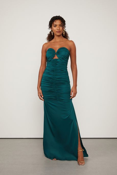 Saia Longa De Jersey Franzida Com Fenda Verde Encanto - 36