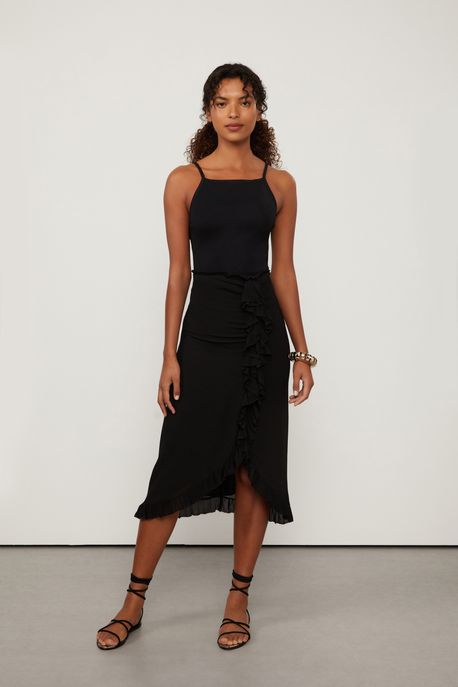 Saia De Georgette Midi Preta Babados Preto - 36