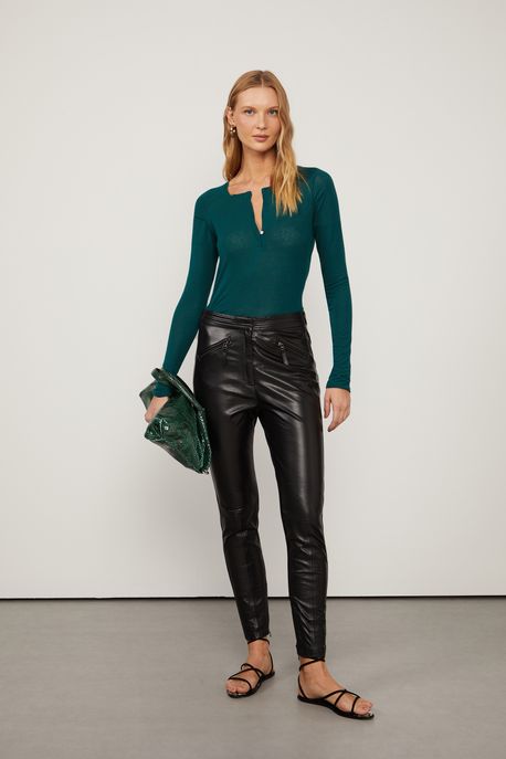 Calça De Couro e Malha Com Pespontos Preto - 36