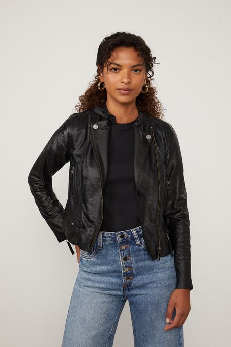 Jaqueta De Couro Motor Velour Preto - 44