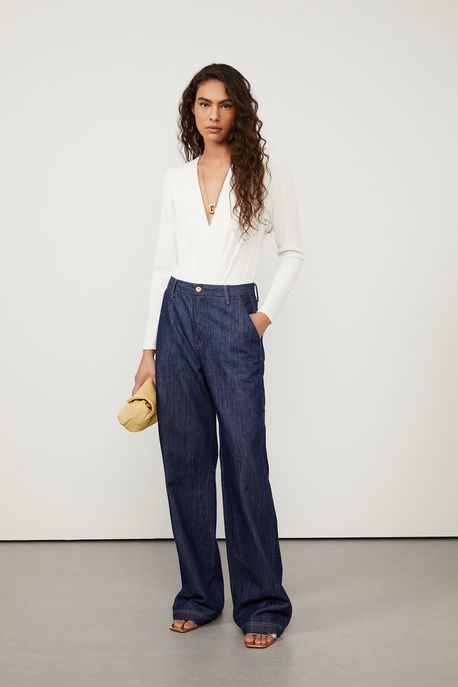 Calça Jeans Wide Leg Raw Denim Jeans Escuro - 40