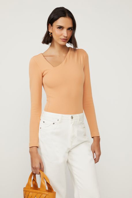 Body De Crepe Manga Longa Com Decote Cruzado Bege Amanteigado - P