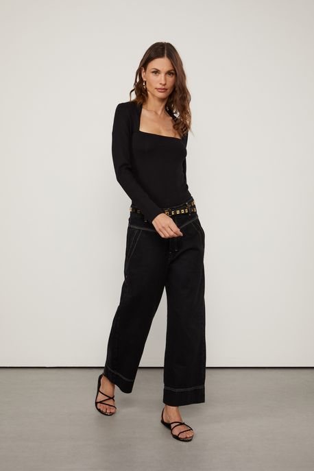 Blusa De Malha Manga Longa Com Decote Trapézio Preto - P