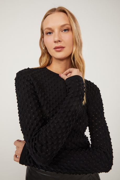 Blusa De Tricot Com Textura Preta Manga Longa Preto - P