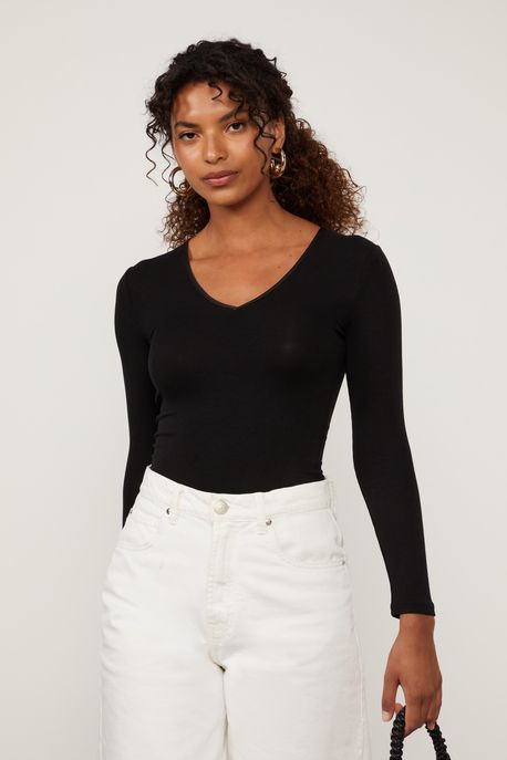 Blusa De Malha Com Gola v e Detalhe De Cetim No Vies Basic Off Preto - G