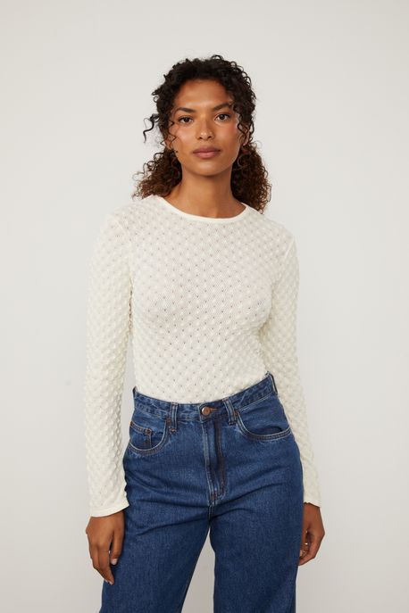 Blusa De Tricot Com Textura Off White Manga Longa Off White - GG