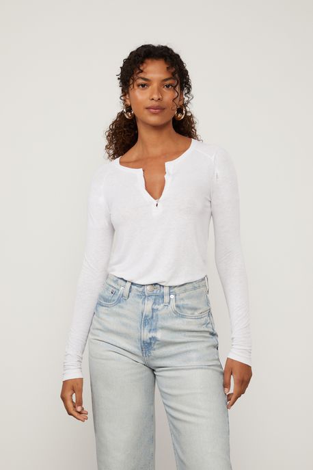 Blusa Decote v e Manga Longa Raglan De Malha Branco - G