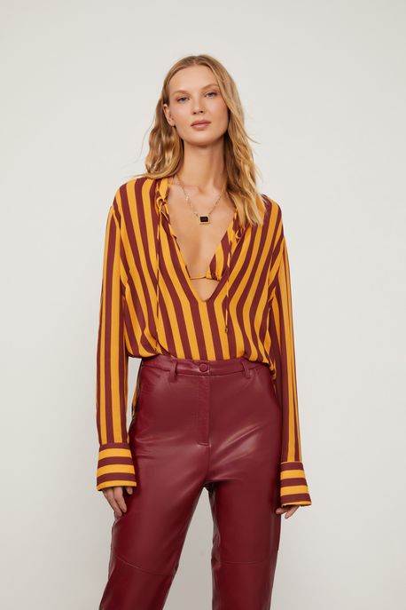 Blusa Manga Longa Com Decote v Listra Est Listra Bicolor Narciso e Sandalo p ¨ - 36