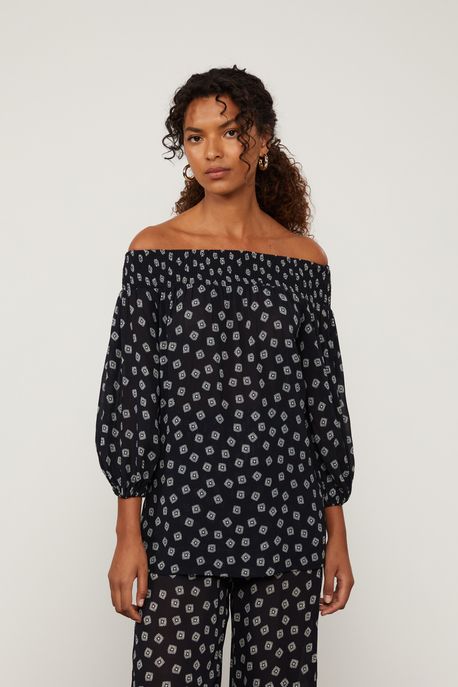 Túnica De Georgette Com Pala De Lastex Ombro a Ombro Estampado Est Gravataria Flor Preto e Kirli - 38
