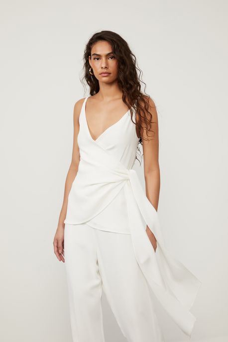 Blusa Drapeada Com Transpasse Frontal De Off White - 38