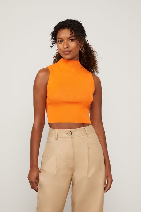 Regata De Tricot Laranja Com Gola Alta Básico Laranja Vibrante - GG