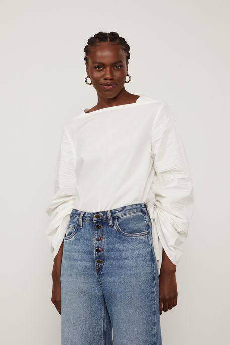 Blusa Com Nervuras Na Manga Off White - M