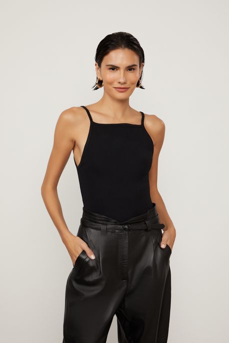 Top De Tricot Preto Com Decote Quadrado Preto - G