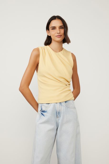 Blusa De Malha Crepe Amarela Com Lateral Franzida Amarelo Papiro - G