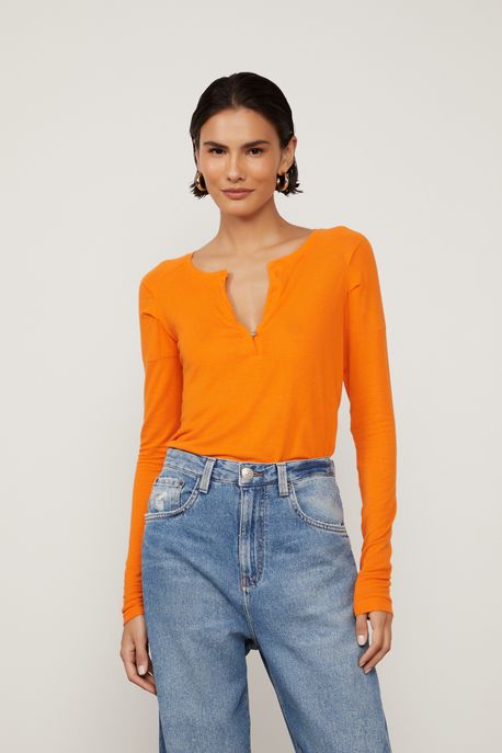 Blusa De Malha Laranja Com Decote v e Manga Longa Raglan Laranja Vibrante - PP