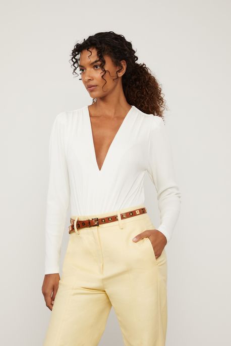 Body Canelado De Manga Longa Com Decote v Off White - PP