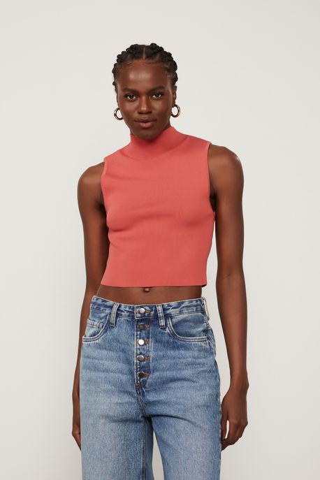 Regata De Tricot Vermelho Com Gola Alta Básico Vermelho Argila - G
