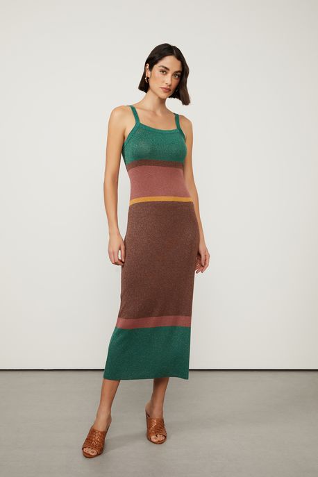 Vestido De Tricot Midi Com Barrado Listrado Mix Verde Encanto / Bronze / Rosa Mosqueta - P