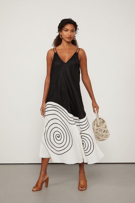 Vestido De Linho Midi Bicolor De Alça Bege Kirli - 38