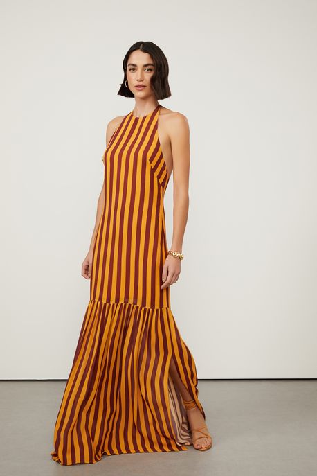 Vestido Longo Frente Unica Listra Est Listra Bicolor Narciso e Sandalo p - 36