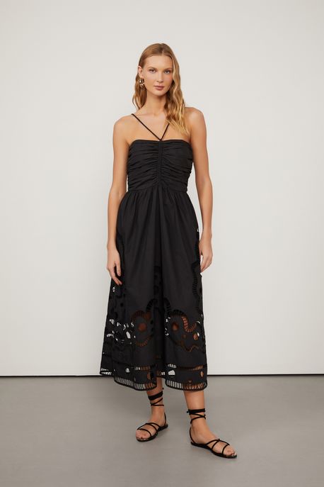 Vestido De Algodão Midi Bordado Contraforma Preto - 38