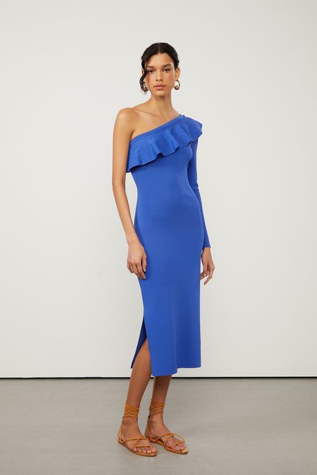 Vestido De Tricot Midi Azul Um Ombro e Decote Babado Azul Cannes - M