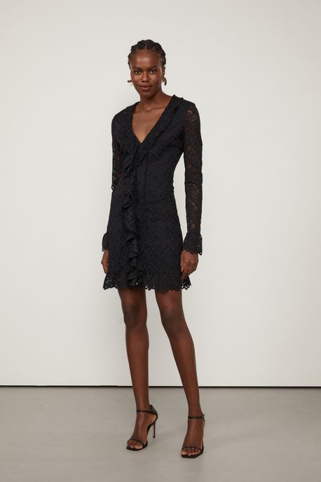 Vestido De Renda Curto De Manga Longa Preto - 36