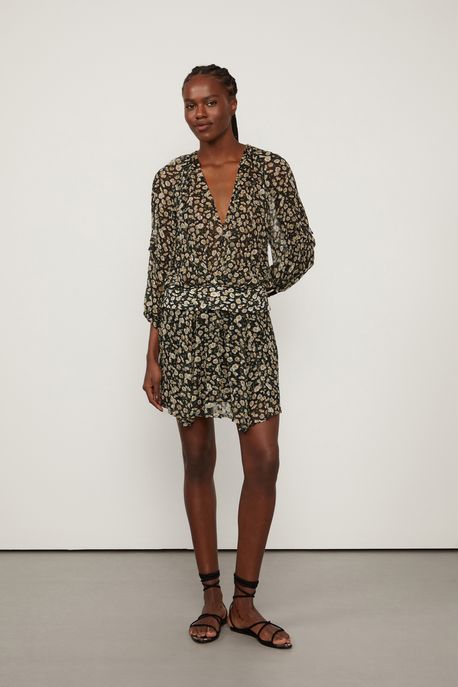 Vestido Curto Manga Longa Estampado Abotoamento Frontal Est Liberty Camomila Preto p - 40