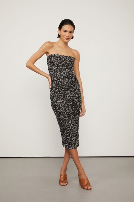 Vestido De Tule Midi Estampado Com Detalhe Franzido Est Liberty Camomila Preto p - G