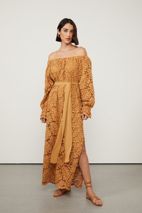 Vestido De Renda Ombro a Ombro Marrom Nozes - 38