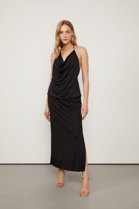 Saia Midi Preta Com Abertura Lateral Preto - 38